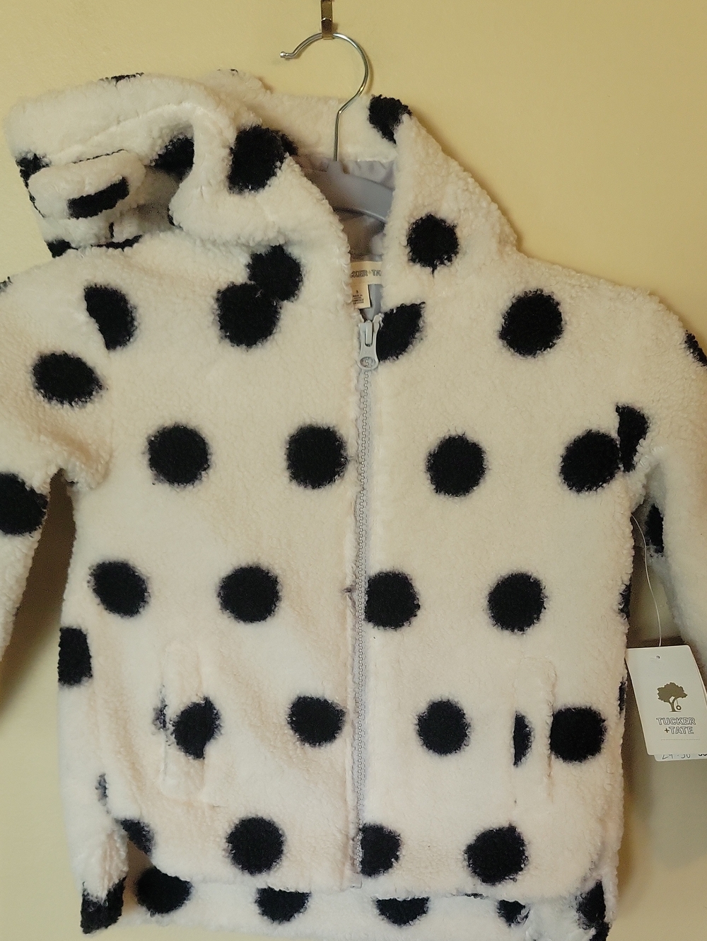 Tucker + Tate White Plush Hooded Jacket with Black Polka Dots